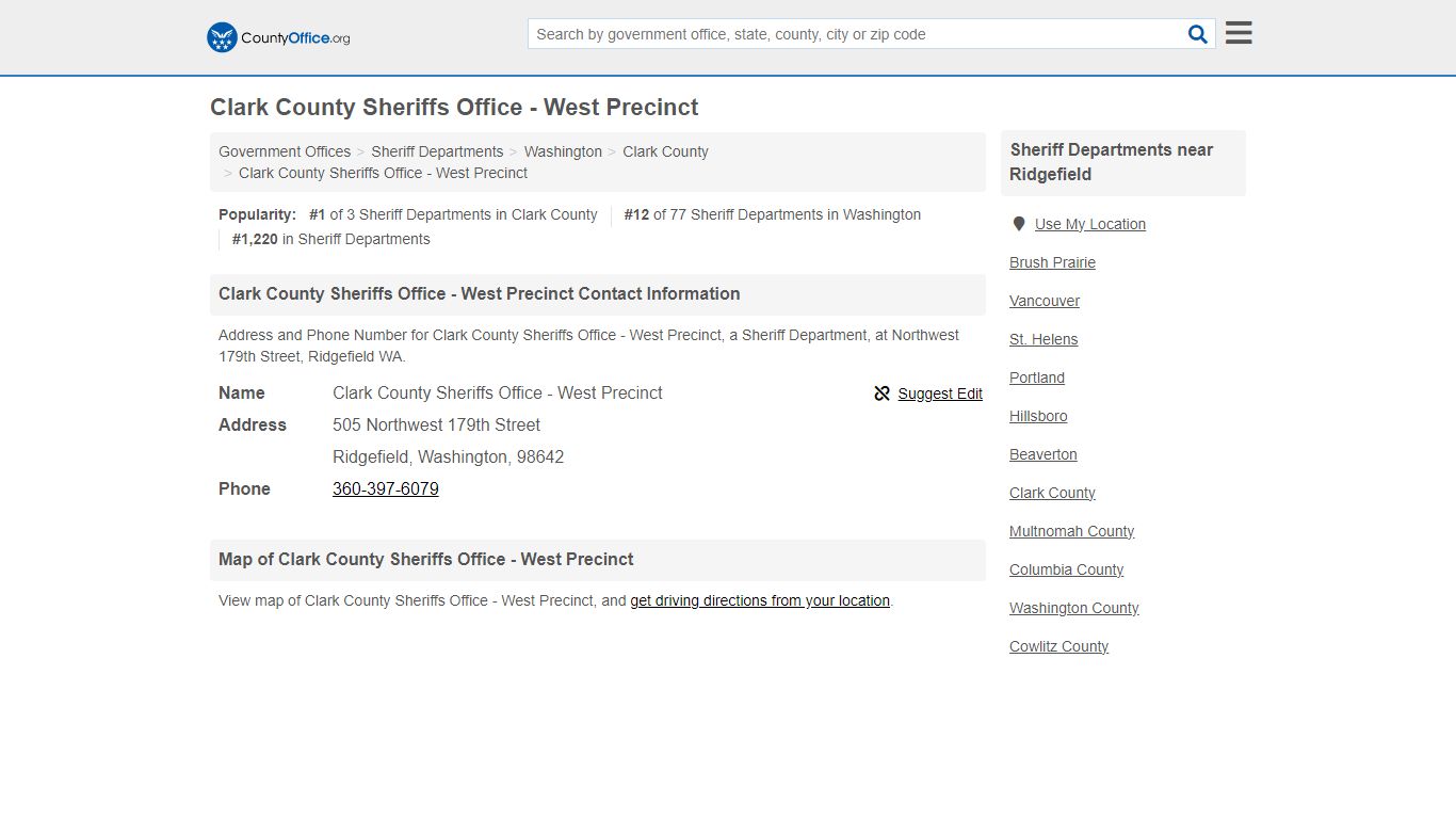 Clark County Sheriffs Office - West Precinct - Ridgefield, WA (Address ...